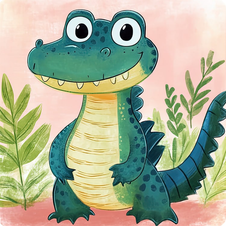 A cheerful green alligator with a big smile and spiky back, inviting fun and play.