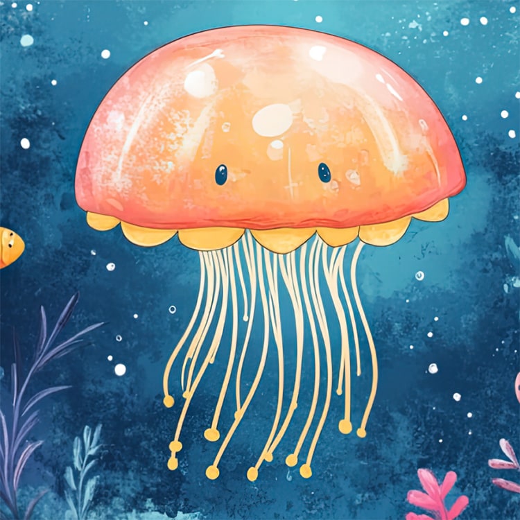 A happy pink jellyfish with a friendly face and flowing tentacles, adding a playful touch.