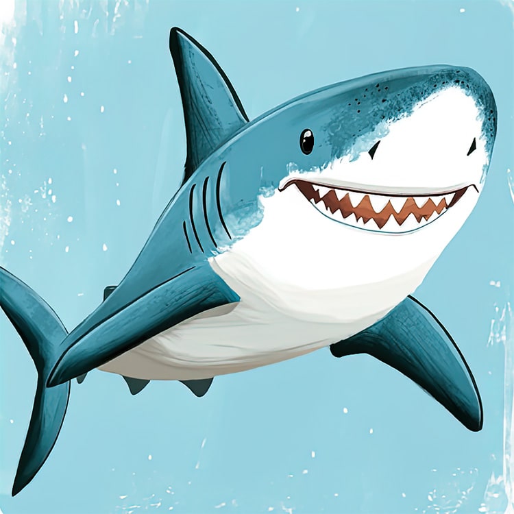 Cartoon-style smiling shark swimming in light blue water with a cheerful expression.