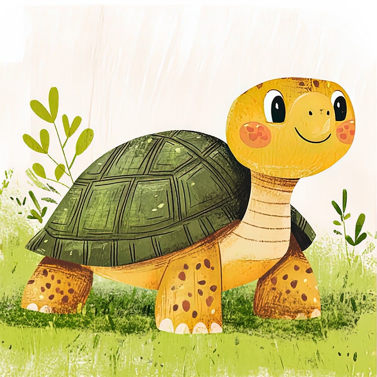 A friendly green turtle with a joyful smile, embodying a calm and playful spirit.